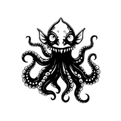 Creepy cute octopus with big eyes illustration detailed tentacles sea creature cartoon art for halloween designs