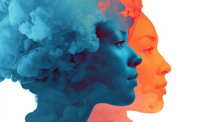 Two women with blue and orange hair and faces are shown. The blue hair is on the left side of the image, while the orange hair is on the right side. The women are standing close to each other