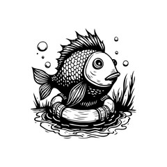 Cartoon fish afloat on a life preserver illustration showcasing marine life and vector art style, a playful underwater design