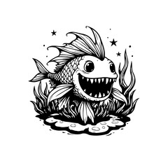 Whimsical cartoon fish illustration with exaggerated features and a playful underwater scene creating a unique artwork