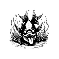 Eerie aquatic creature in black and white illustration with exaggerated features and monstrous expression in water