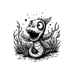 Whimsical monster emerging from seaweed: A captivating black and white illustration with funny character