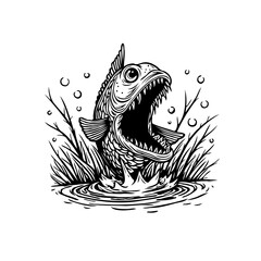 Graphic illustration of an aggressive fish monster with sharp teeth jumping out of water black and white