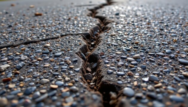 drainage issues from asphalt cracking visible after storms rain collects in grooves and cannot escape from surface areas no punctuation symbols or strange marks here