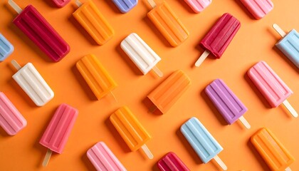Colorful popsicles arranged in a diagonal pattern on an orange background