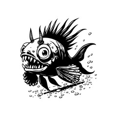 Whimsical monochrome drawing of an anglerfish caricature with horns floating above a scattered pebbles