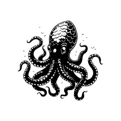 Octopus illustration in black and white displaying intricate tentacle details and eye catching textures perfect for art