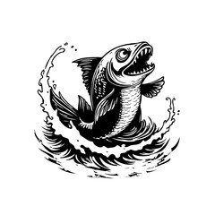 A captivating monochrome vector illustration of a ferocious fish emerging from stylized waves showcasing artistic design