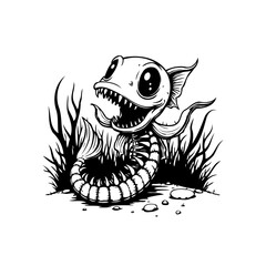 Stylized cartoon monster sea creature artwork black and white illustration showcasing marine life with a twist