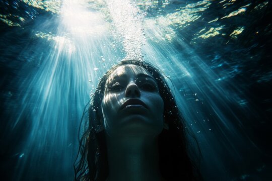 A woman is caught beneath the surface, her face glowing under beams of sunlight filtering through the water. The tranquil environment highlights her expression of wonder and calm