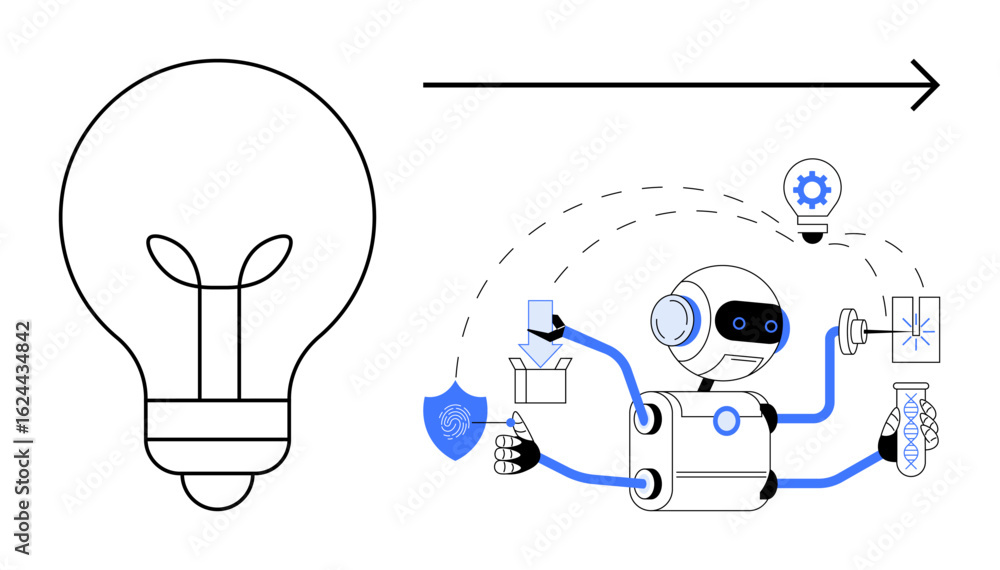 Poster ai robot performs tasks including research, protection, and innovation while creating a light-bulb i
