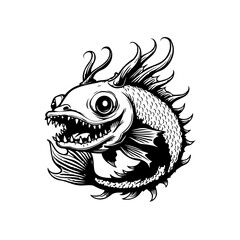 Monochrome Drawing of a Spooky Fish with Sharp Teeth and Creepy Fins Displaying Vintage Aesthetic