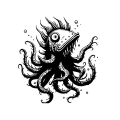 Stylized bizarre creature combining fish and octopus in black and white vector illustration for diverse art use