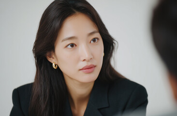 Over-the-shoulder shot from interviewer’s perspective of Korean woman in formal attire maintaining eye contact