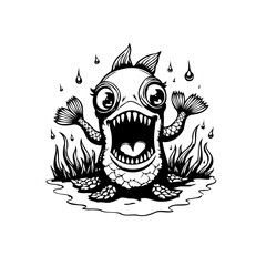 Cartoon sea creature monster illustration with big eyes and sharp teeth in black and white style art