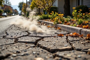 Obraz premium dust emitted from cracked pavement surfaces spreads in dry conditions affecting soil quality and plant growth causing long term negative environmental effects with no special characters