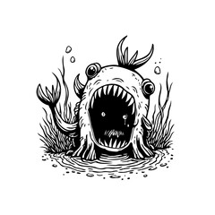 Illustration of a scary monster fish with sharp teeth and big eyes in black and white design