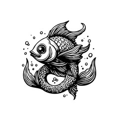 Detailed monochrome illustration of a fancy goldfish, elegant fins and scales artistic drawing on the white background