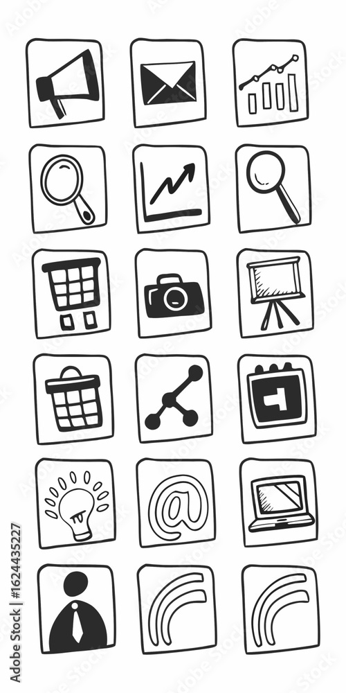 Aufkleber minimilist collection of hand drawn business and communication icons in square frames on a white bac