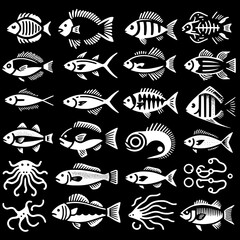 Black and white icon sheet of fish