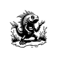 Whimsical monochrome monster fish creature in cartoon illustration showcasing the unique design and character