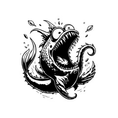 Cartoonish sea monster with gaping mouth and sharp teeth illustration showcases creative imagination in monochrome style artwork