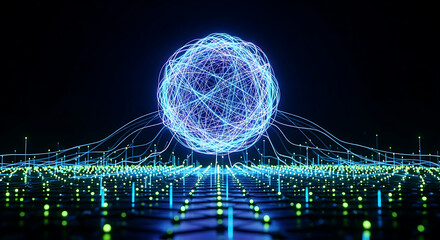 A glowing orb of interconnected lines, representing an AI brain, processes data from a vast digital network.