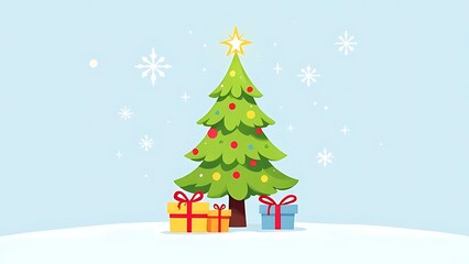 Flat vector showing decorated Christmas tree with gifts and snow. Ideal for holiday cards, social media posts, and seasonal marketing