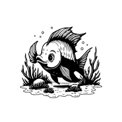 A charming black and white illustration of a cartoon fish in its natural habitat illustration