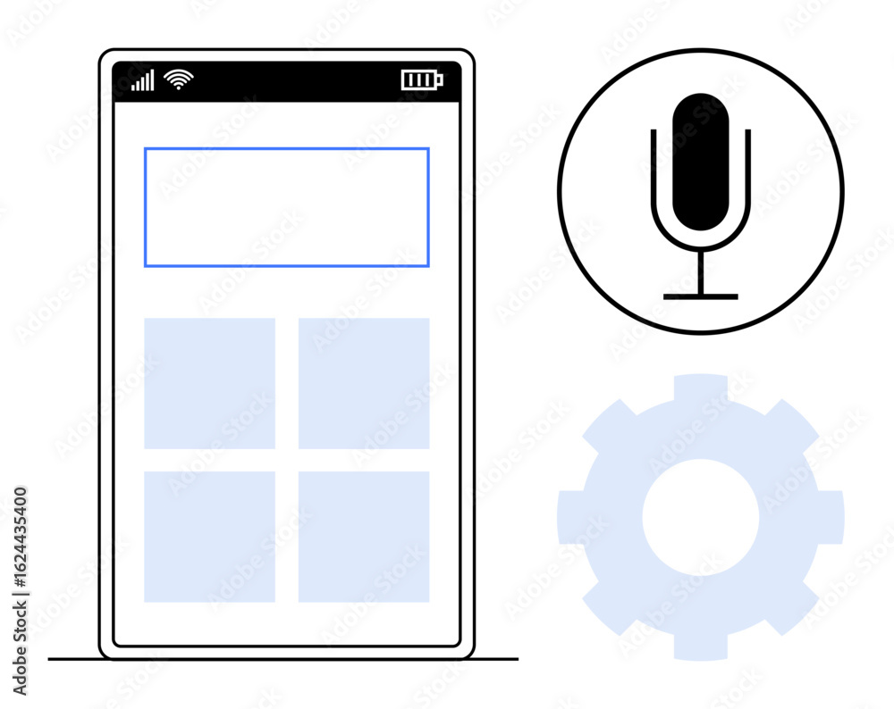 Poster smartphone screen featuring app layout with grid icons, voice command microphone, and gear symbol. i