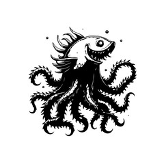Cartoonish illustration of a fish octopus hybrid sea creature black and white artistic design whimsical ocean depths