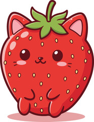 Obraz premium Cute kawaii strawberry cat character illustration. An adorable fruit and animal hybrid mascot with a happy face, isolated on white.