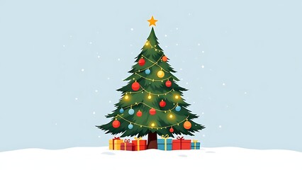 Fototapeta premium Flat vector showing decorated Christmas tree with gifts and snow. Ideal for holiday cards, social media posts, and seasonal marketing
