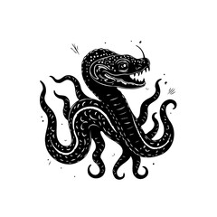 A captivating illustration showcasing a hybrid creature blending snake and octopus elements in monochrome style