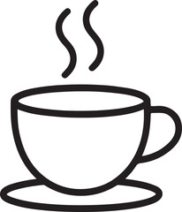 Minimalist line art icon of a steaming hot cup on a saucer, a symbol for a coffee or tea beverage and a relaxing cafe break.