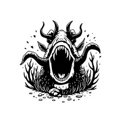 The grotesque beast emerges from the depths a horned horror in ink illustration shows scary