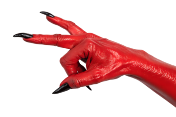 An isolated transparent PNG image features a scary red monster hand with sharp black claws reaching, perfect for Halloween themes.