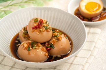 Korean Mayak Eggs in Soy Sauce with Garlic, Onion and Chili