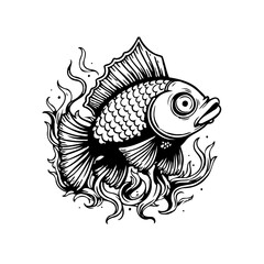 Monochrome fish illustration showcasing intricate details and decorative swirls for creative projects or artistic designs in black and white