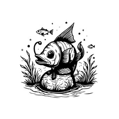 Anglerfish illustration in monochrome style with seaweed and floating fish in water vector art background