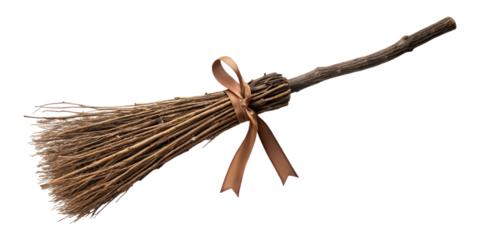 A classic witch's broom made of natural wood and straw, tied with a simple ribbon, is isolated on a transparent background for Halloween.