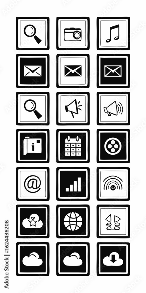 Aufkleber minimilist collection of various black and white icons representing different functionalities and ap