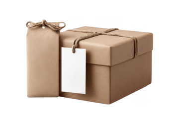 A wrapped gift box with a blank tag attached, featuring a simple, elegant design and a decorative twine bow.