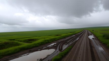 Muddy dirt road leading through green fields under cloudy sky