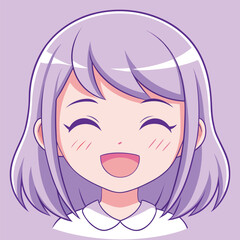 Cartoon illustration of a smiling woman's face with pink hair, eyes, and lips in a modern fashion style