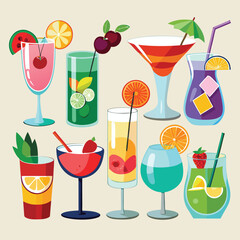 A colorful set of tropical cocktail drinks with fruit garnishes, perfect for a summer party illustration