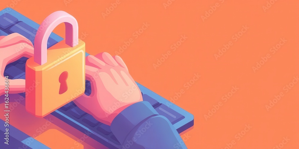 Poster incognito user concept. illustration of hands on a keyboard with a padlock, symbolizing online secur