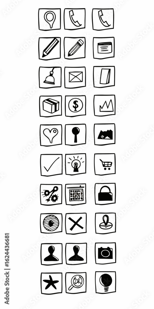 Aufkleber minimilist collection of hand drawn black and white icons in square frames representing various conc