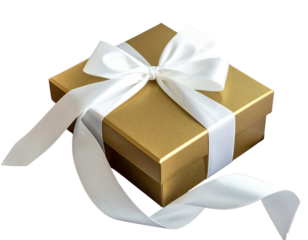 Golden Gift Box Partially Unwrapped with Ribbon Peeled Back, Revealing Inner Tissue, Isolated PNG