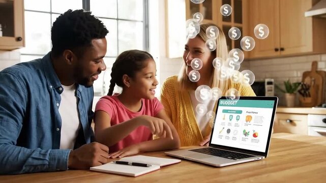 Family learning child budgeting laptop. Domestic financial education. Focused mature father businessman entrepreneur involve preteen kid girl in managing family business teach daughter to calculate 